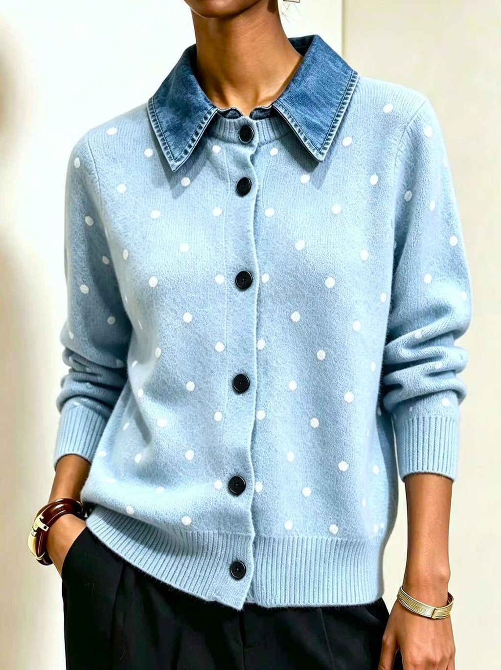 Polka Dot Knit Cardigan With Denim Collar - Blue
