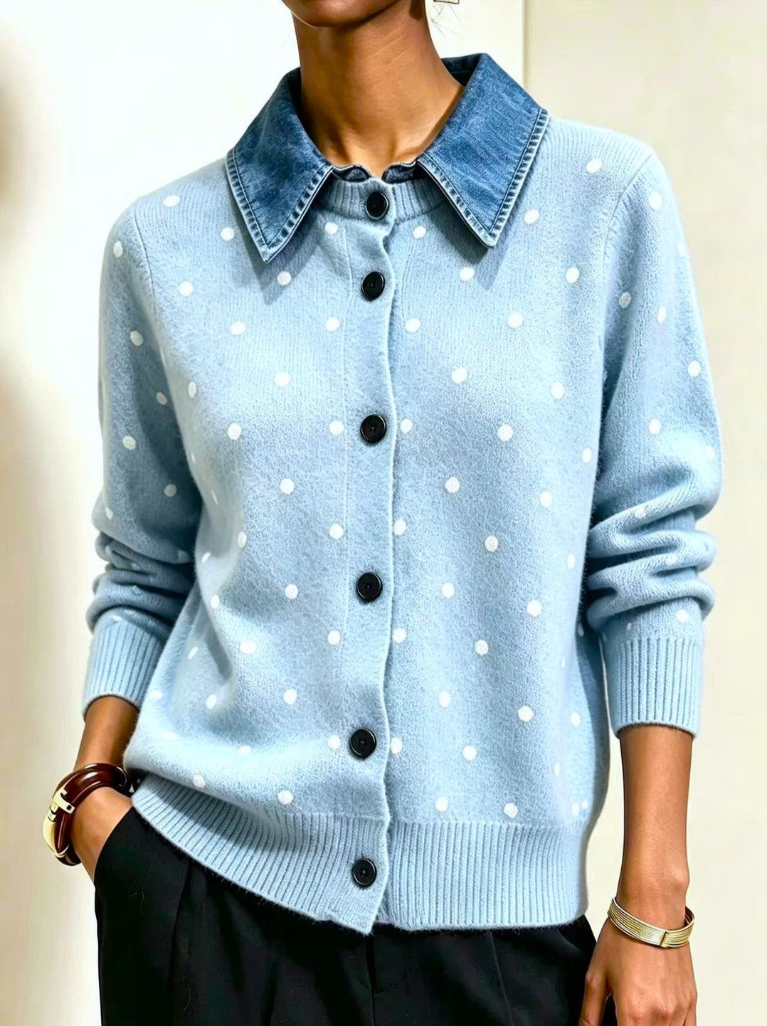 Polka Dot Knit Cardigan With Denim Collar - Blue
