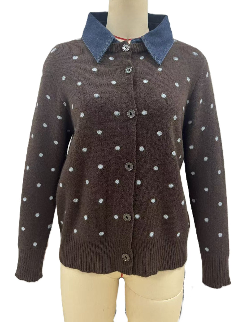 Polka Dot Knit Cardigan With Denim Collar - Coffee