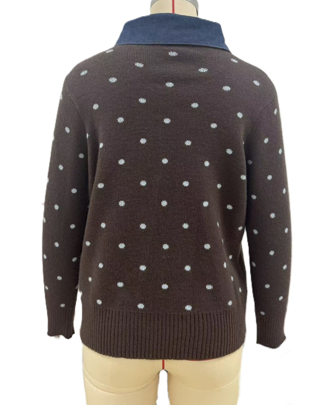 Polka Dot Knit Cardigan With Denim Collar - Coffee - 1
