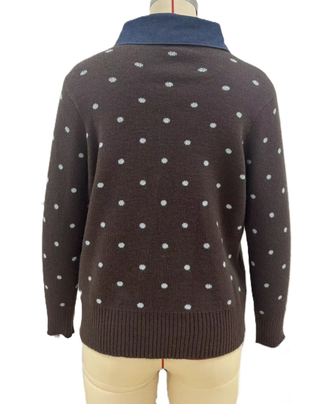Polka Dot Knit Cardigan With Denim Collar - Coffee - 1