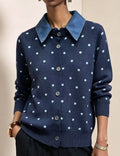 Polka Dot Knit Cardigan With Denim Collar - Navyblue
