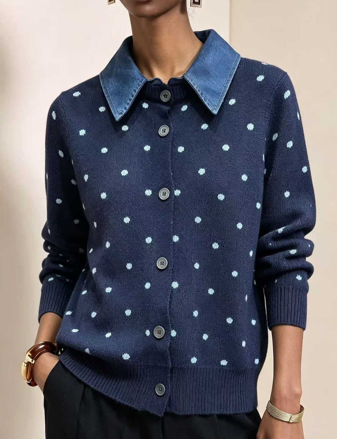 Polka Dot Knit Cardigan With Denim Collar - Navyblue