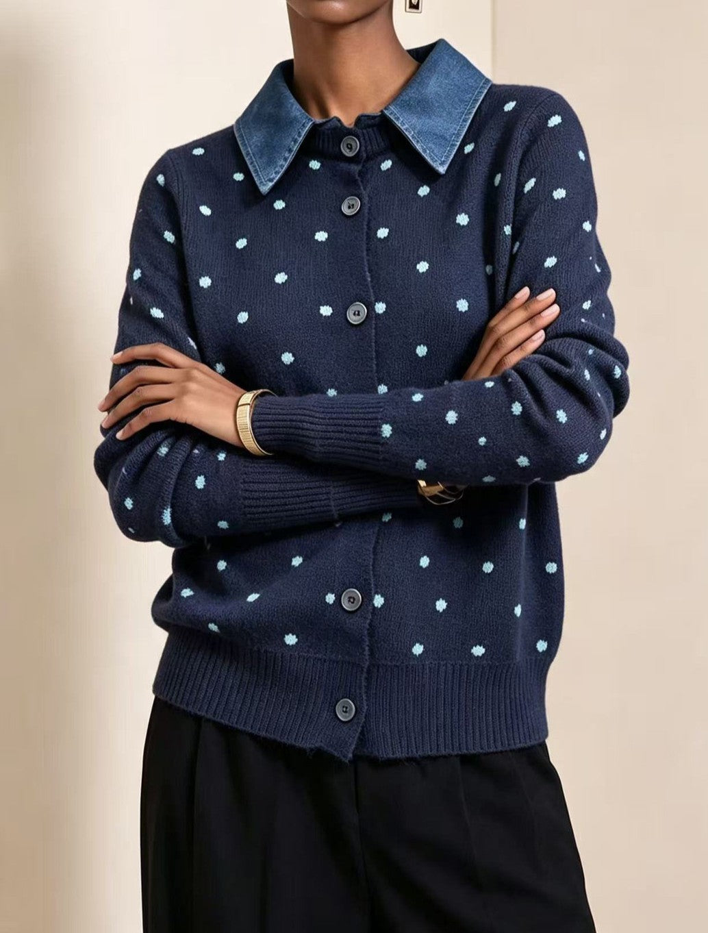Polka Dot Knit Cardigan With Denim Collar - Navyblue - 1
