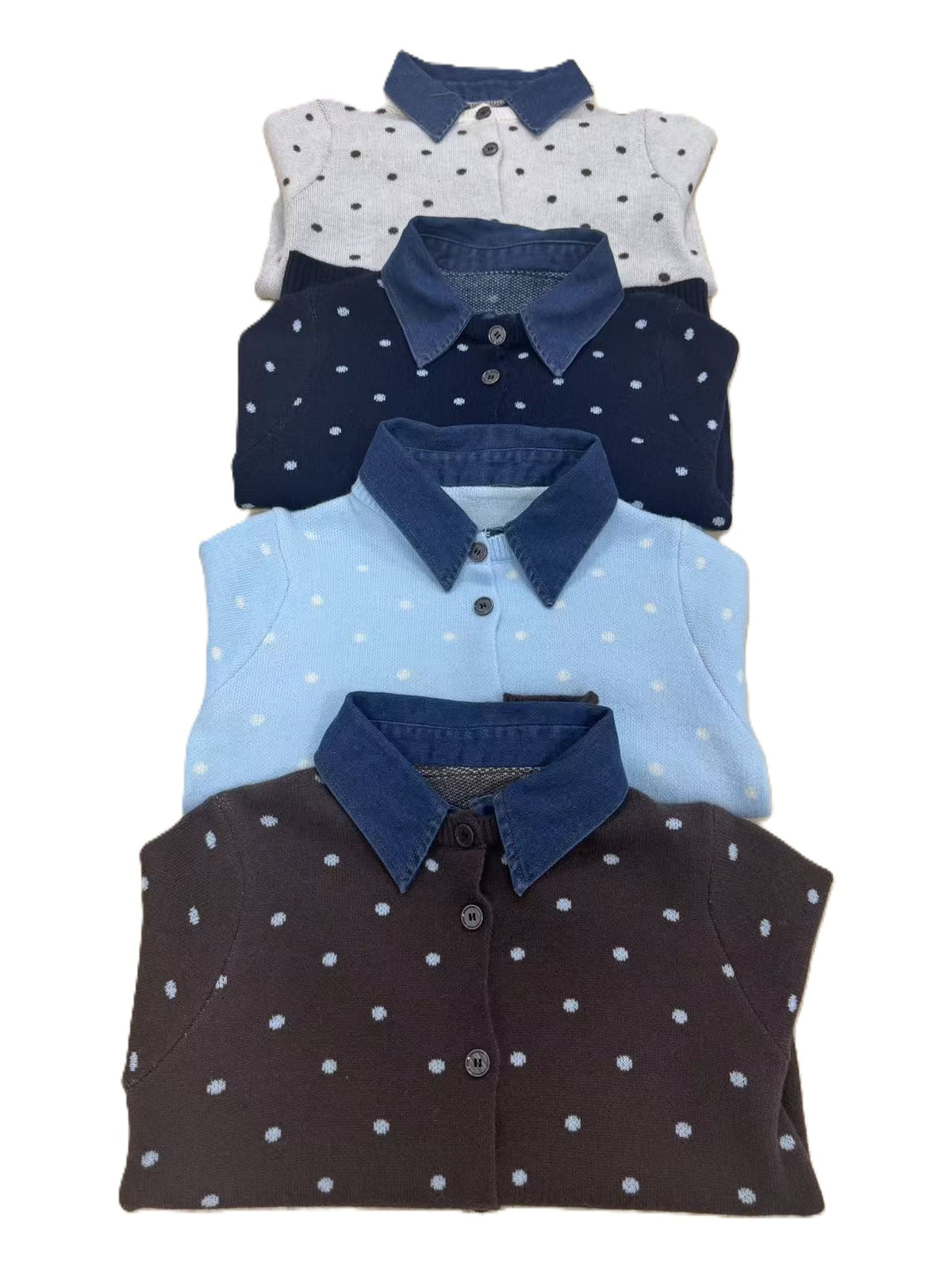 Polka Dot Knit Cardigan With Denim Collar - Navyblue - 2