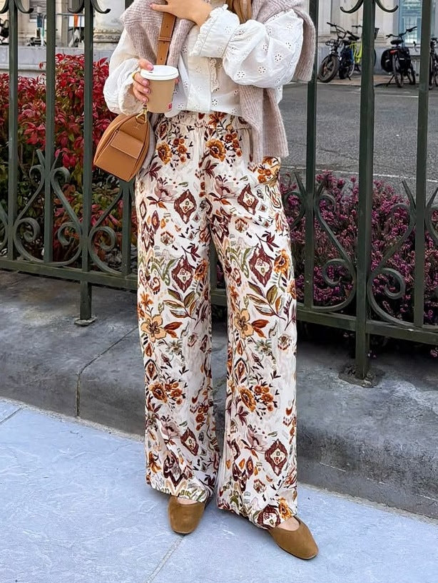 Botanical Print Wide Leg Boho Trousers - Floral