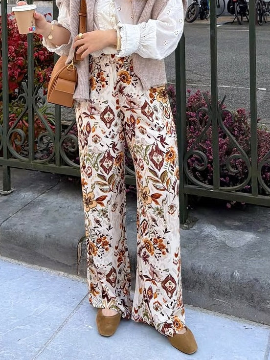 Botanical Print Wide Leg Boho Trousers - Floral - 1