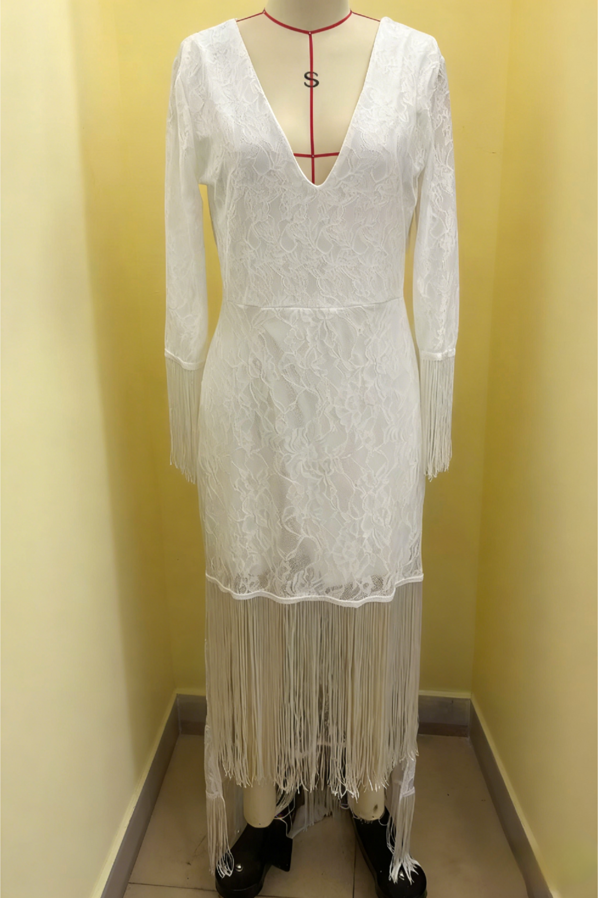 Boho Lace Fringe Maxi Dress With Long Sleeves - White
