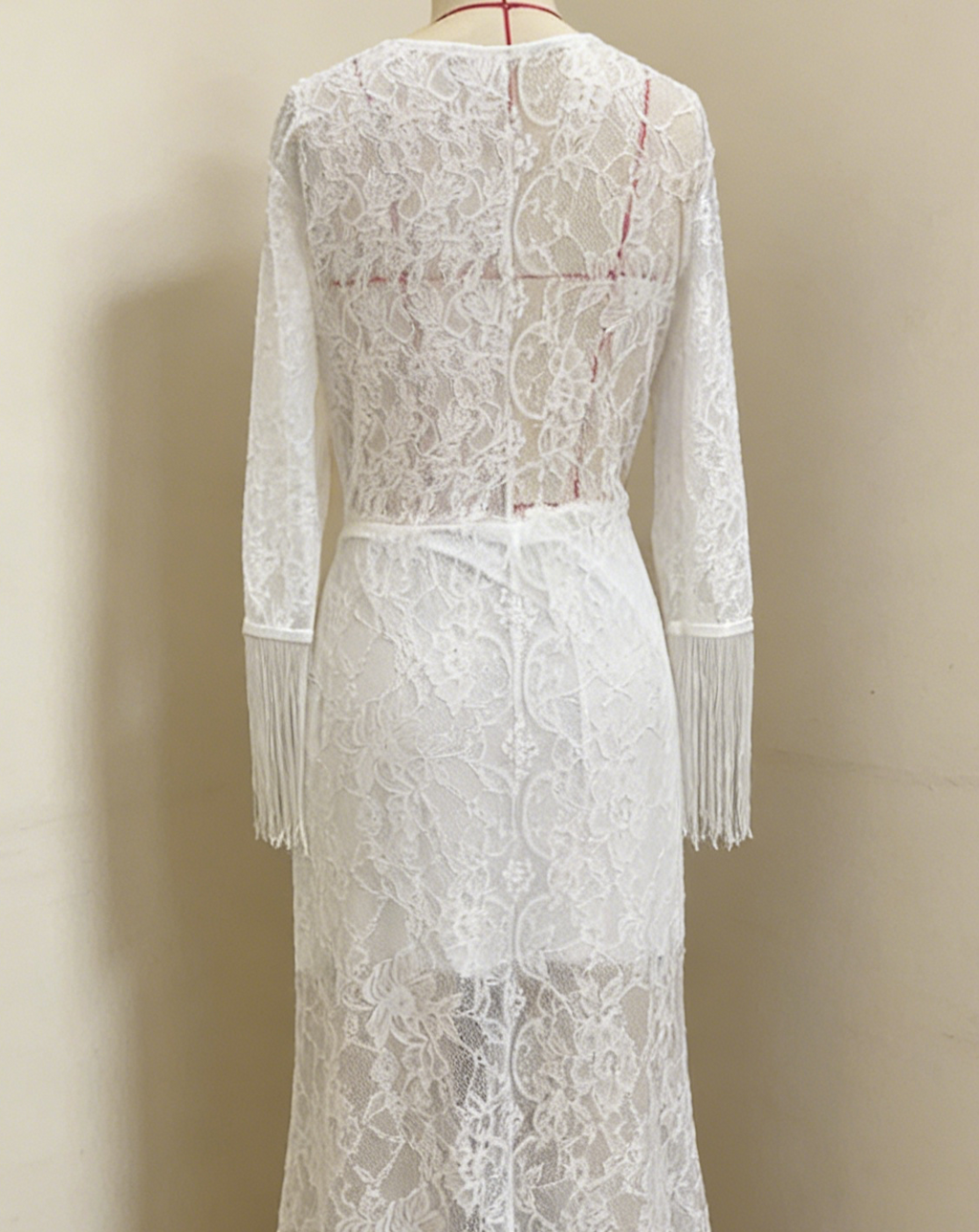 Boho Lace Fringe Maxi Dress With Long Sleeves - White - 6