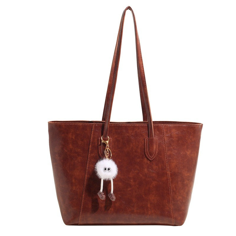 Oversized Distressed Faux Leather Tote Bag - Cognac