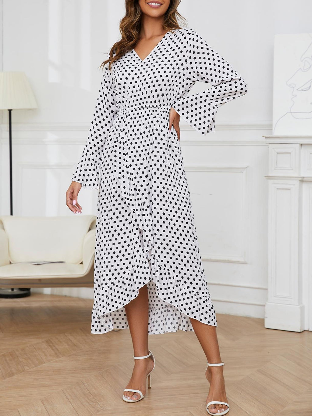 Polka Dot Ruffle Wrap Midi Dress - White