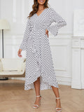 Polka Dot Ruffle Wrap Midi Dress - White