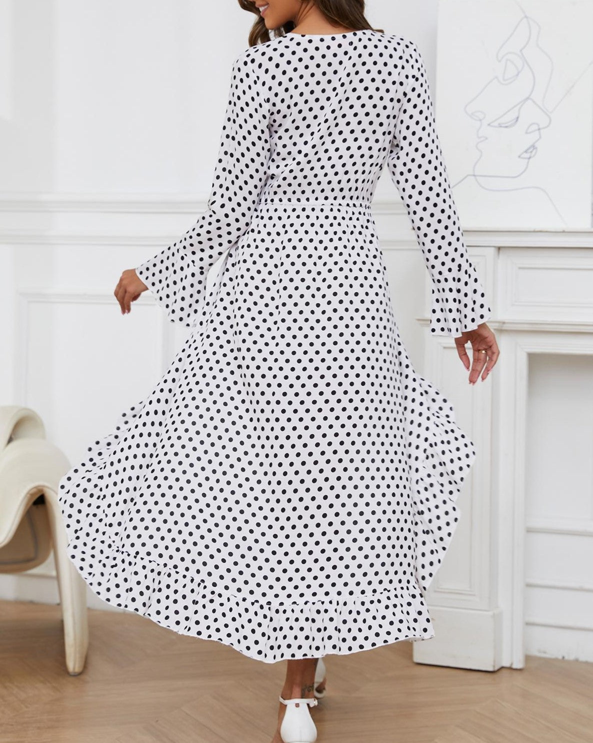 Polka Dot Ruffle Wrap Midi Dress - White - 2