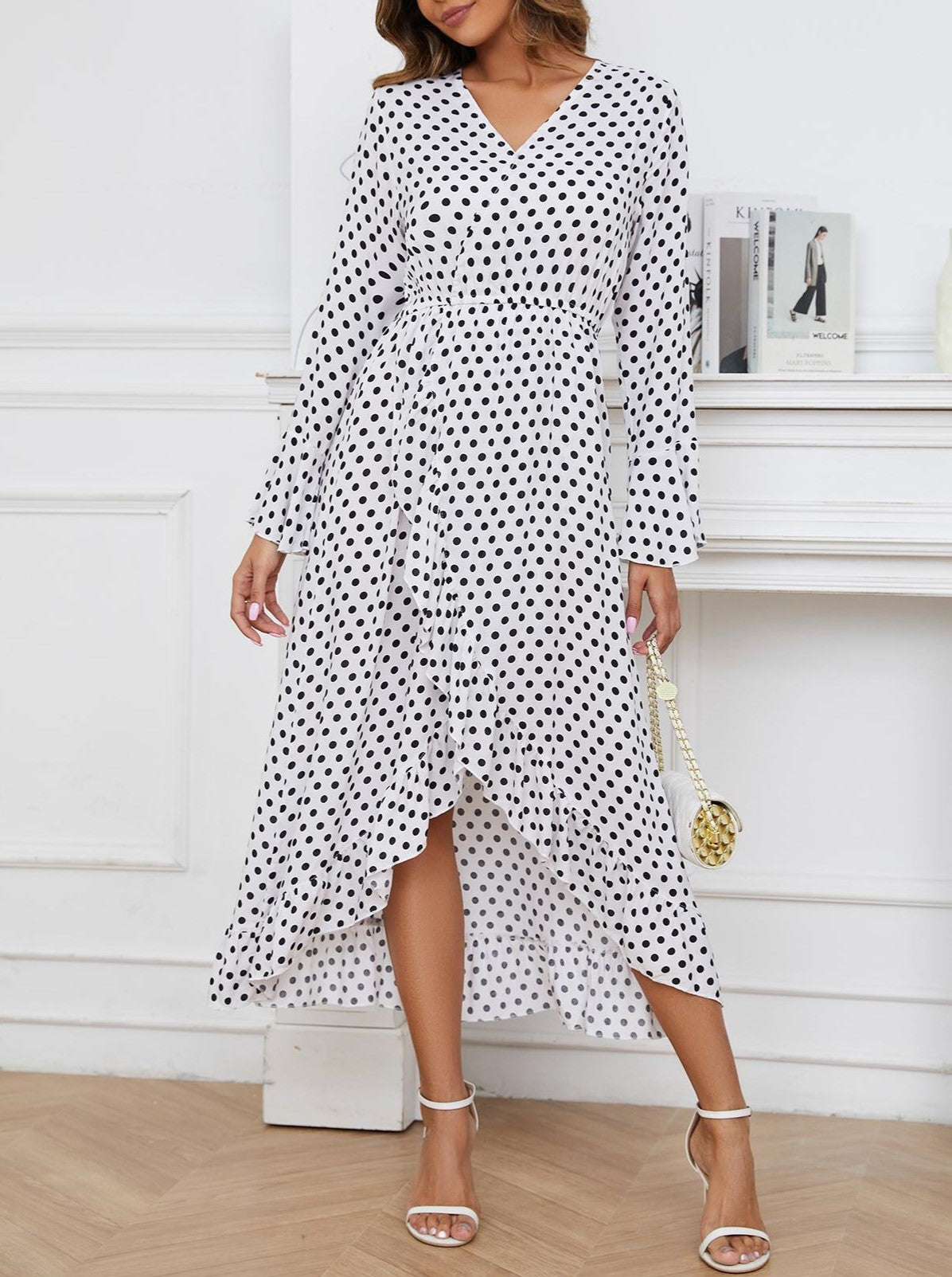 Polka Dot Ruffle Wrap Midi Dress