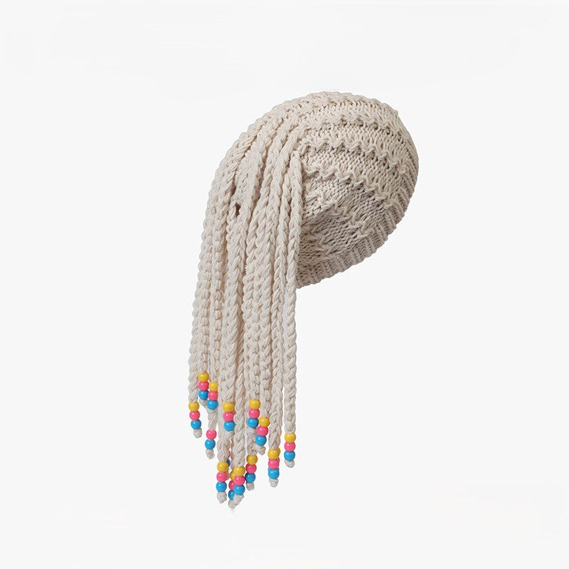 Braided Dreadlock Knit Beanie With Beaded Ends - Beige