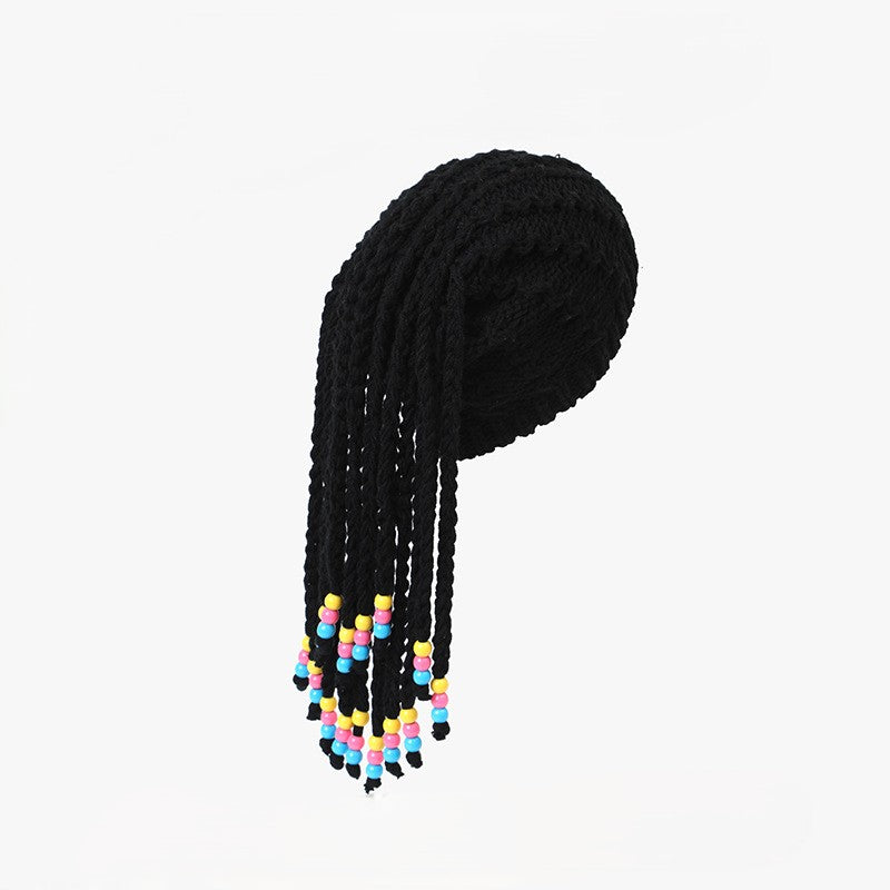 Braided Dreadlock Knit Beanie With Beaded Ends - Black
