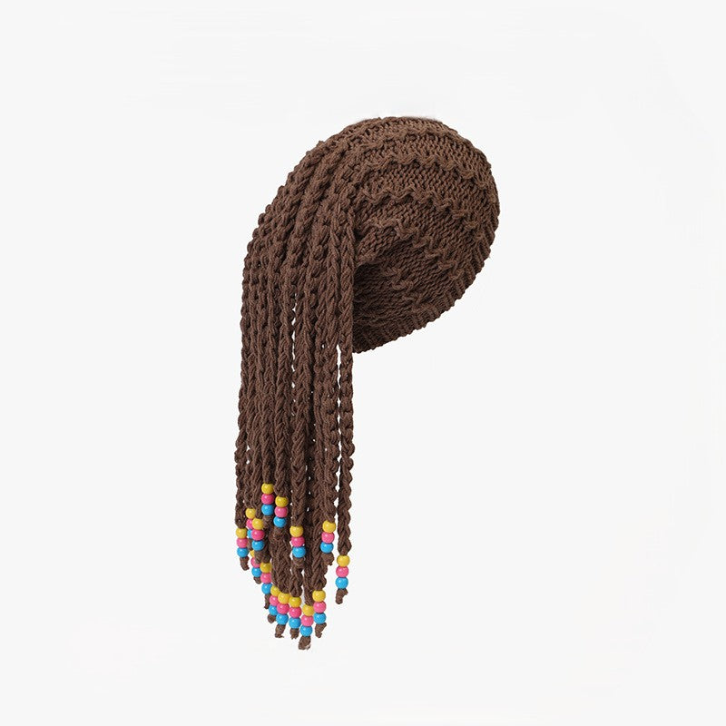 Braided Dreadlock Knit Beanie With Beaded Ends - Coffee