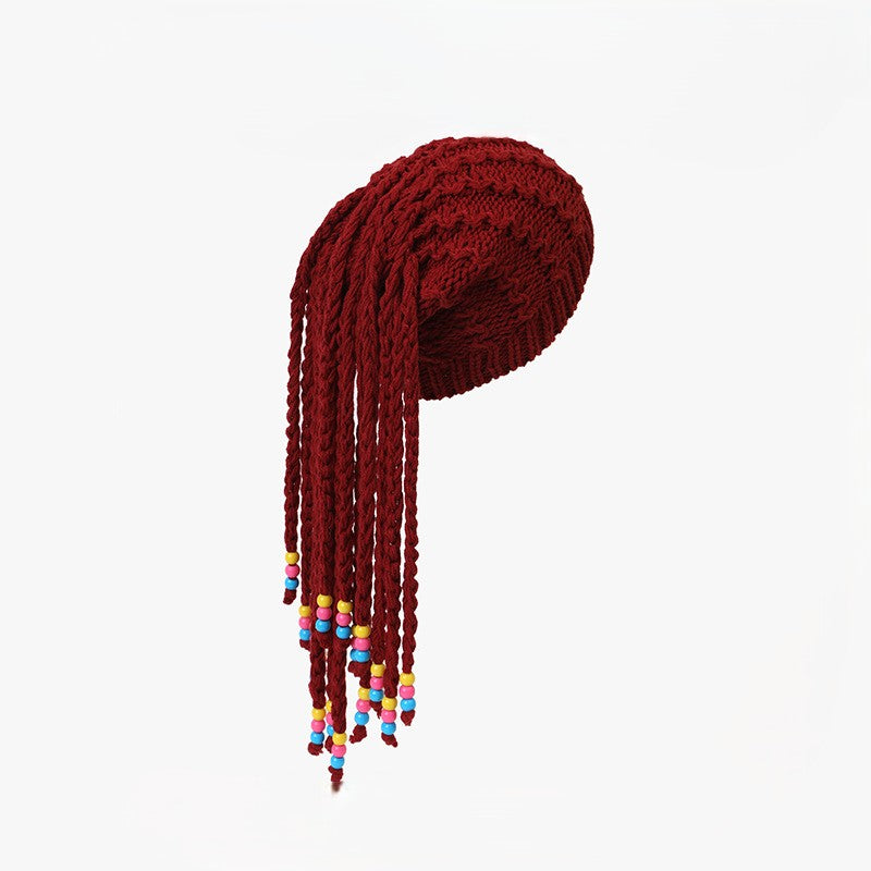 Braided Dreadlock Knit Beanie With Beaded Ends - Red