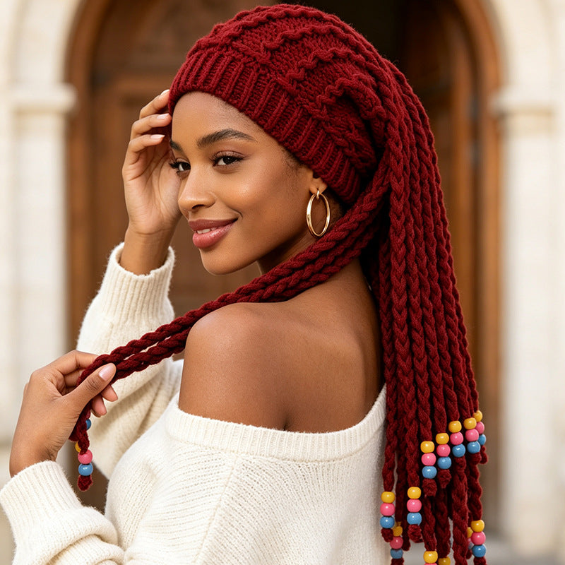 Braided Dreadlock Knit Beanie With Beaded Ends