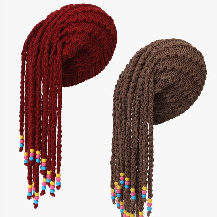 Braided Dreadlock Knit Beanie With Beaded Ends - view 1