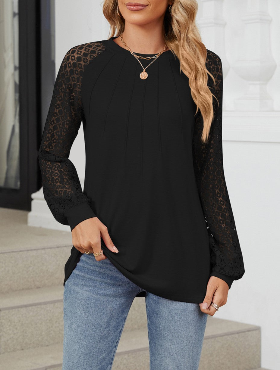 Pleated Crew Neck Lace Sleeve Blouse - Black - 1