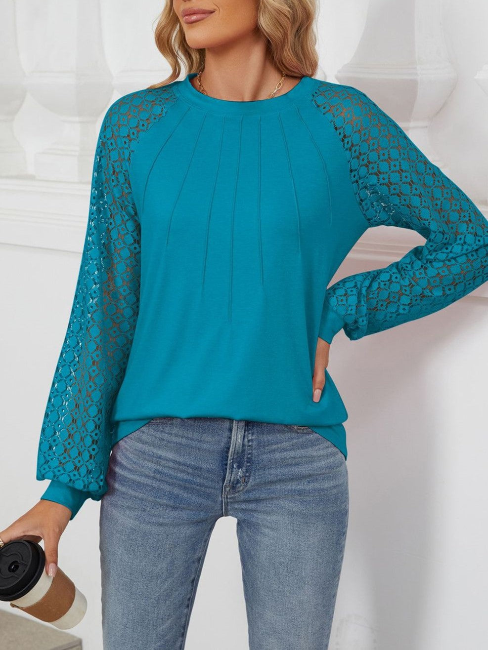 Pleated Crew Neck Lace Sleeve Blouse - Blue