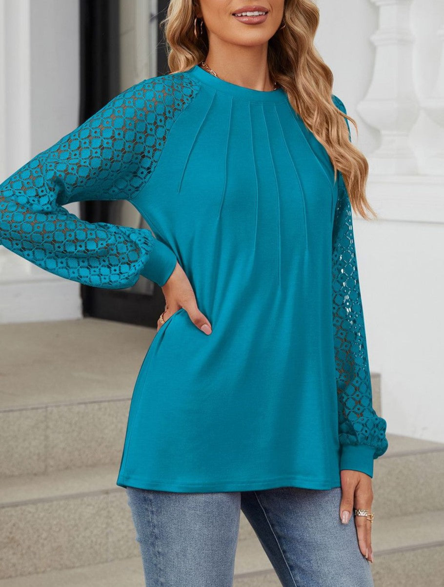 Pleated Crew Neck Lace Sleeve Blouse - Blue - 1