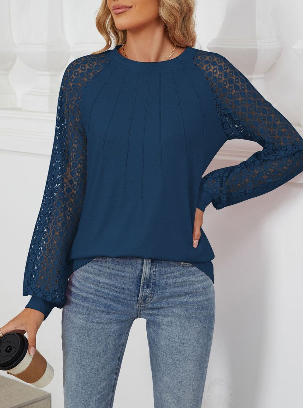 Pleated Crew Neck Lace Sleeve Blouse - Navyblue - 1