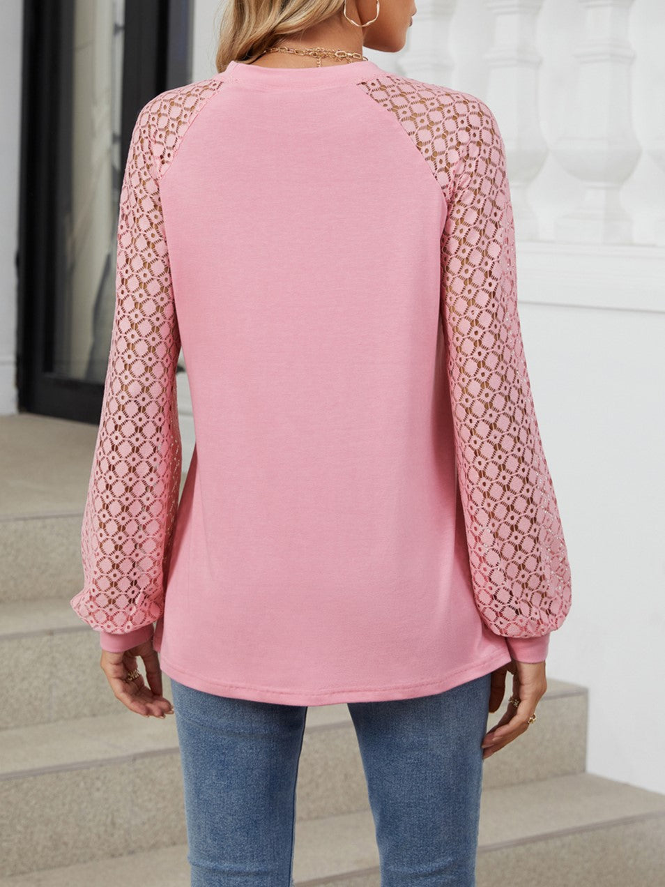 Pleated Crew Neck Lace Sleeve Blouse - Pink - 1