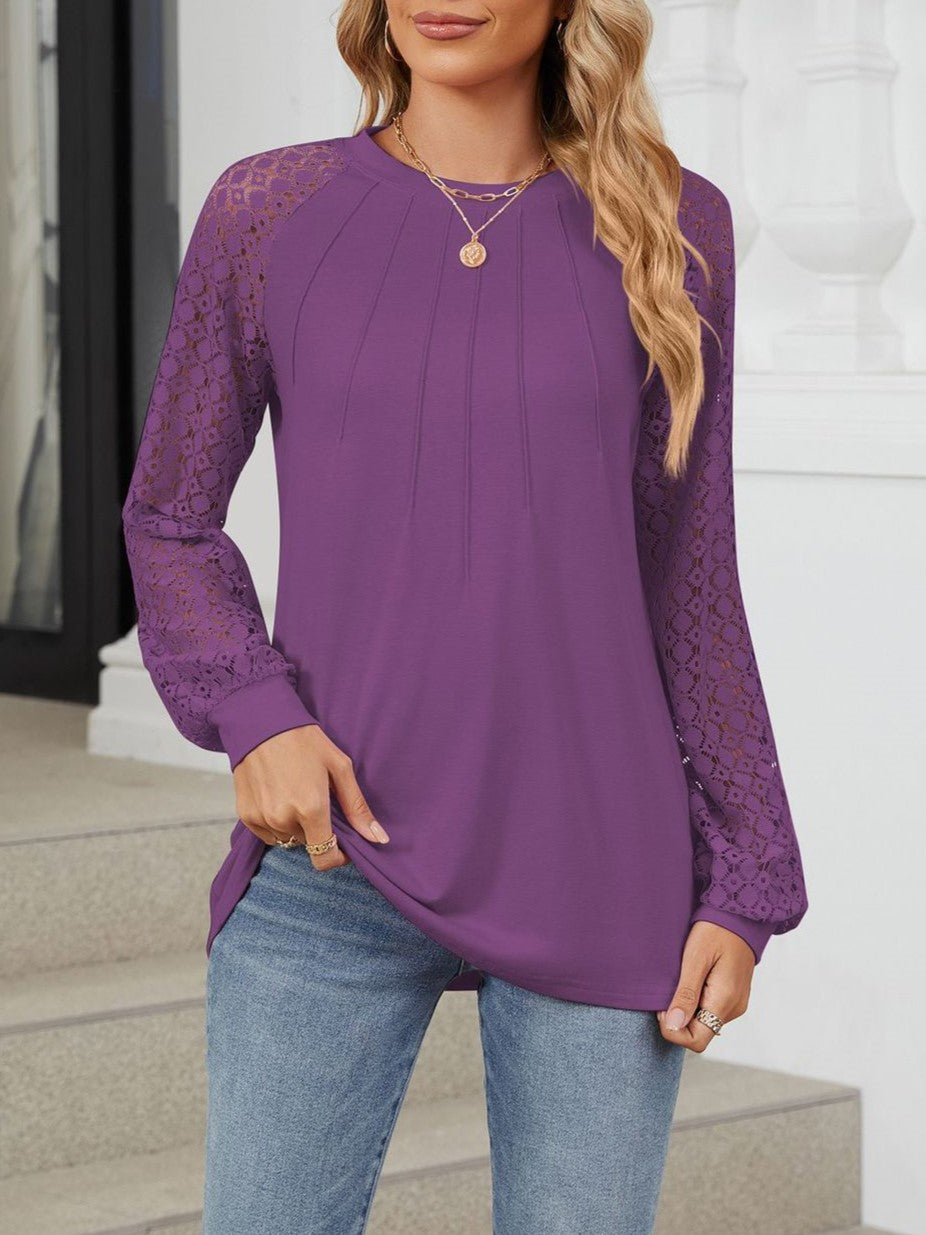 Pleated Crew Neck Lace Sleeve Blouse - Purple