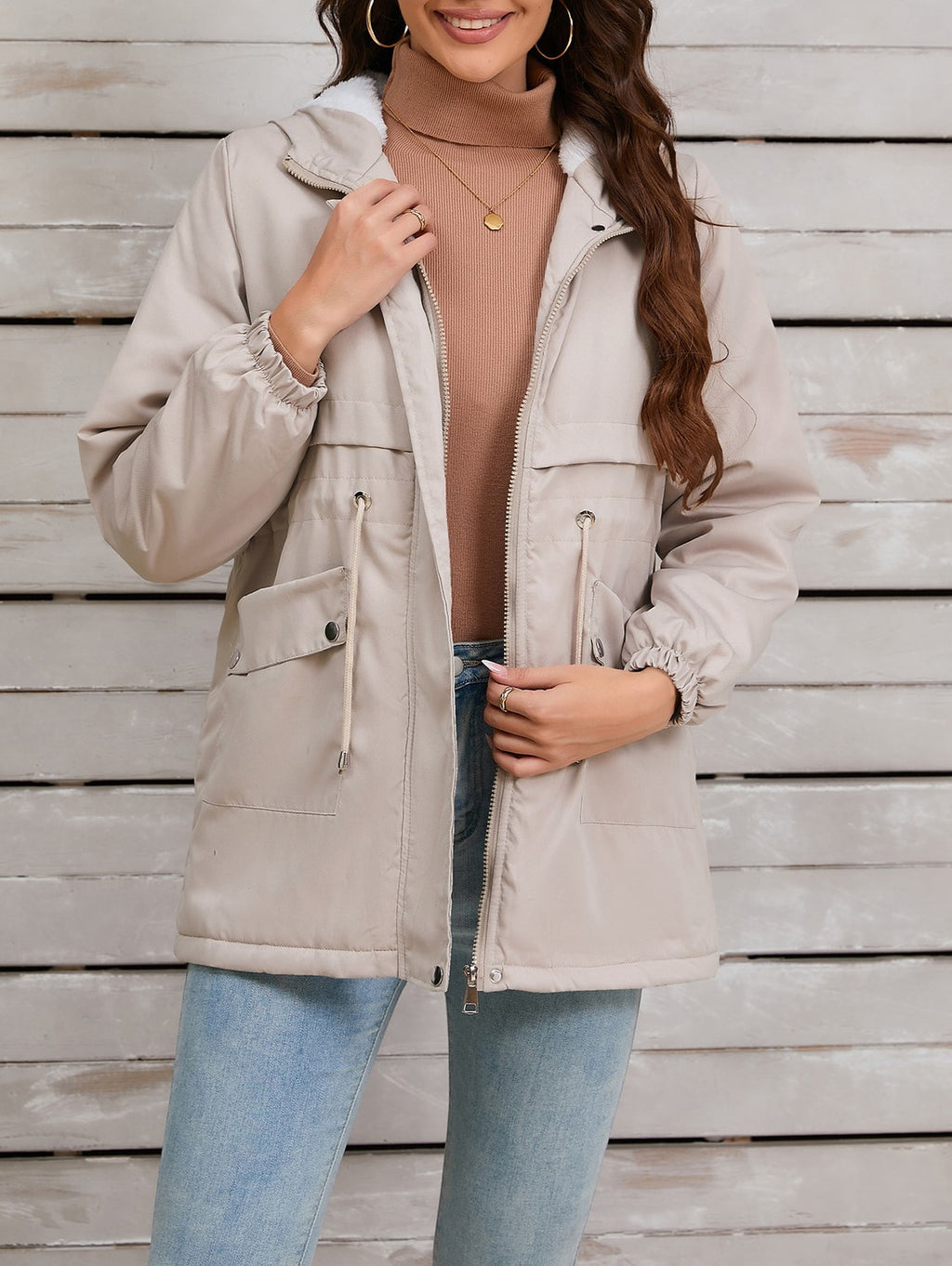 Sherpa Lined Hooded Utility Parka Jacket - Beige - 1