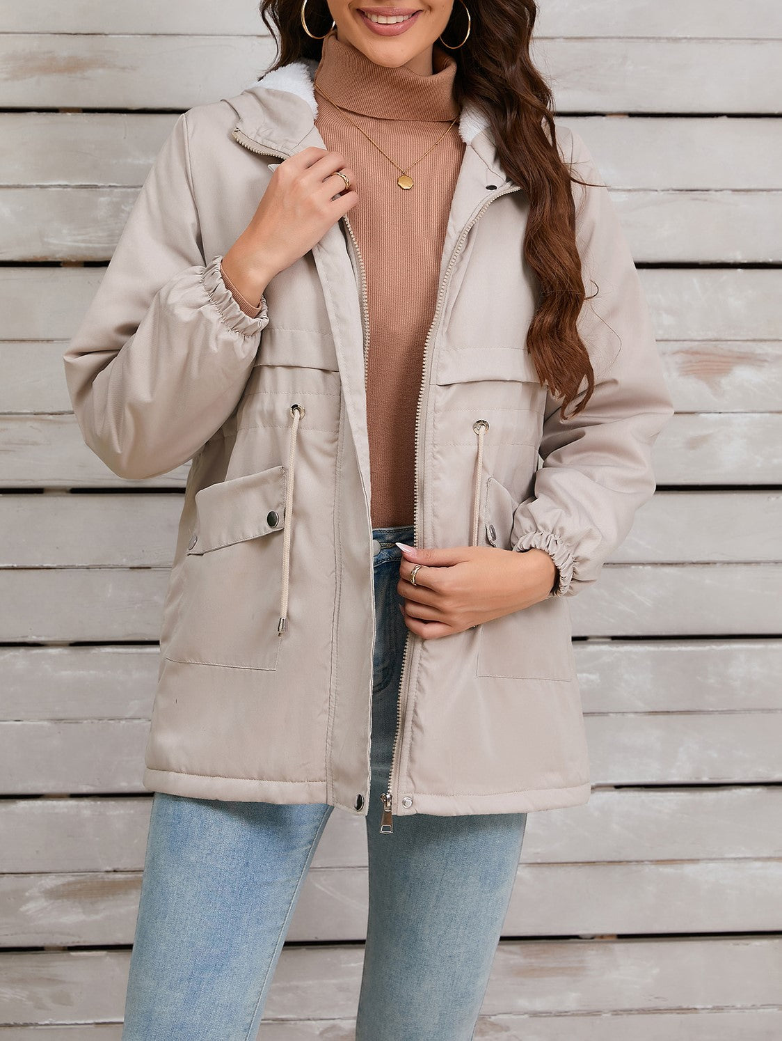 Sherpa Lined Hooded Utility Parka Jacket - Beige - 1