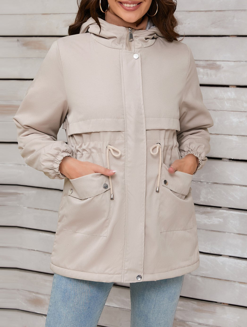 Sherpa Lined Hooded Utility Parka Jacket - Beige - 2