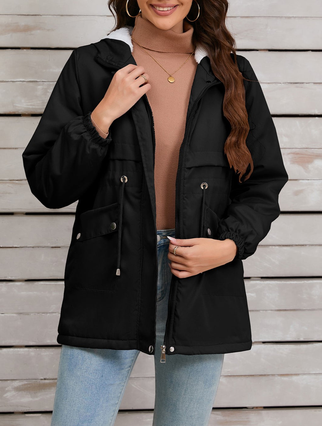 Sherpa Lined Hooded Utility Parka Jacket - Black - 1