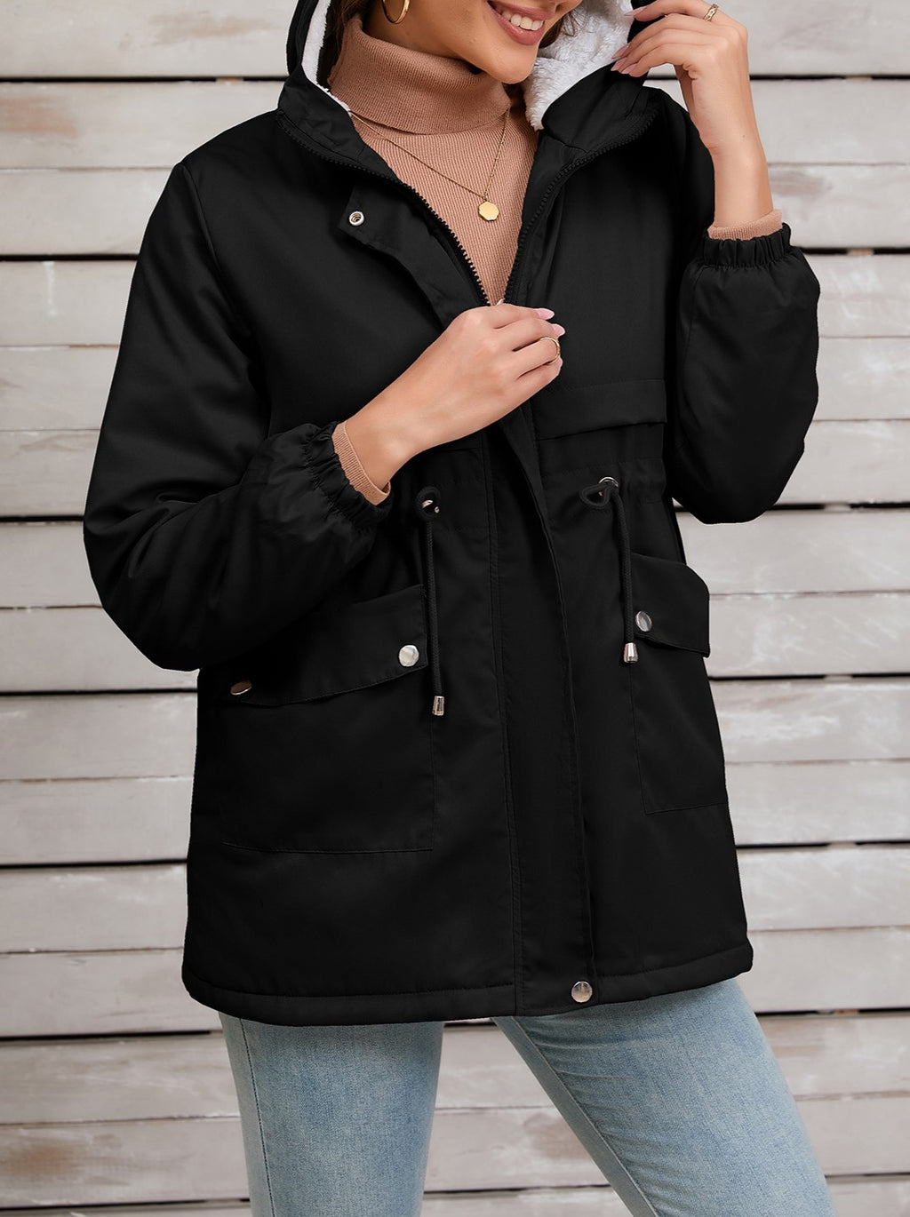Sherpa Lined Hooded Utility Parka Jacket - Black - 2