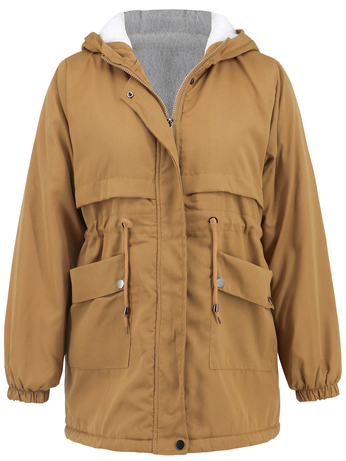 Sherpa Lined Hooded Utility Parka Jacket - Khaki