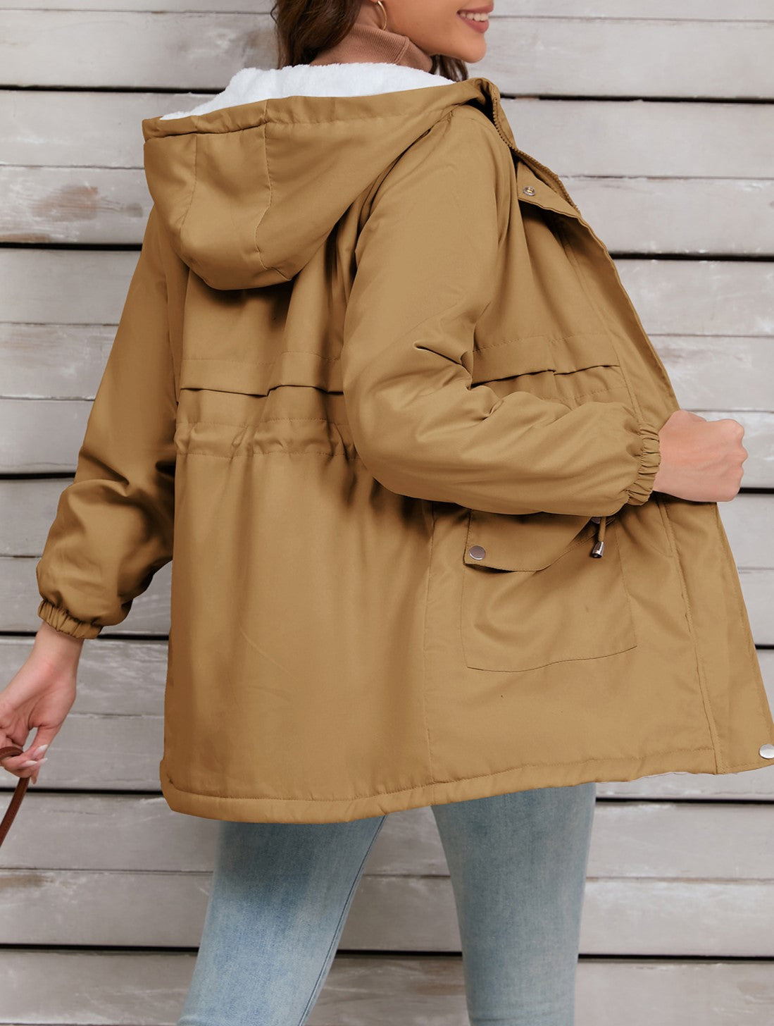 Sherpa Lined Hooded Utility Parka Jacket - Khaki - 4