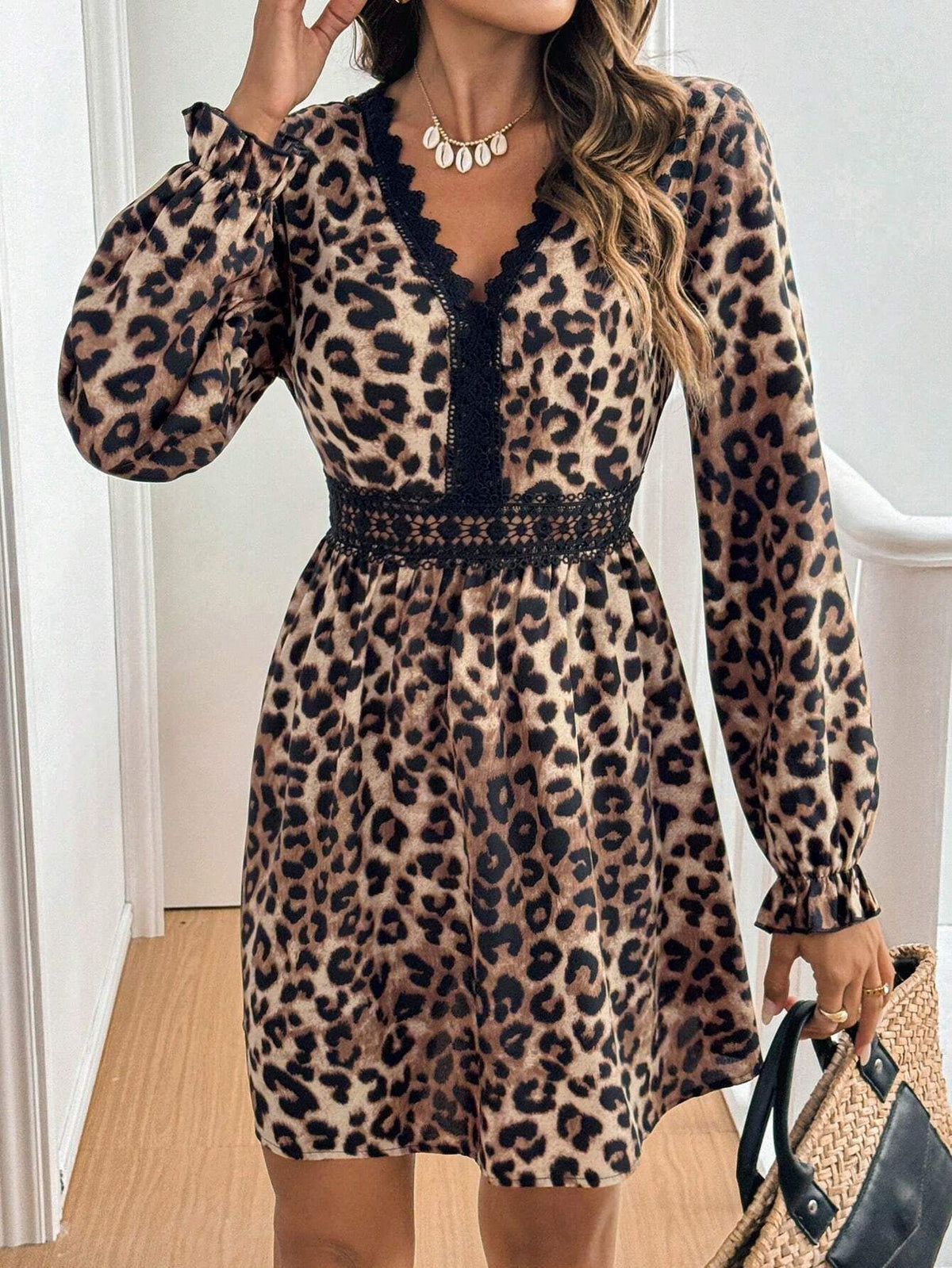 Leopard Print Lace Trim Mini Dress - Coffee - 3