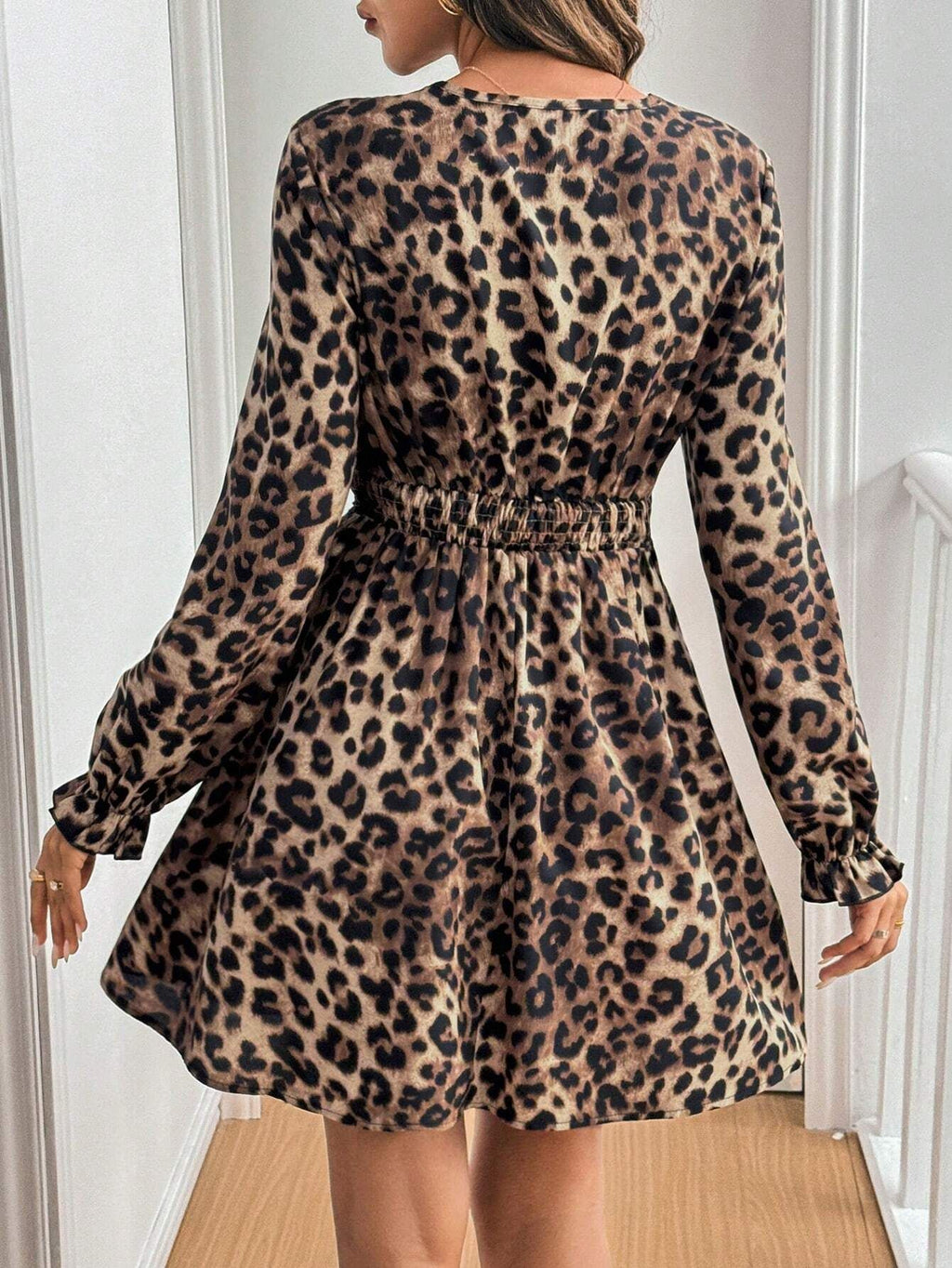 Leopard Print Lace Trim Mini Dress - Coffee - 4