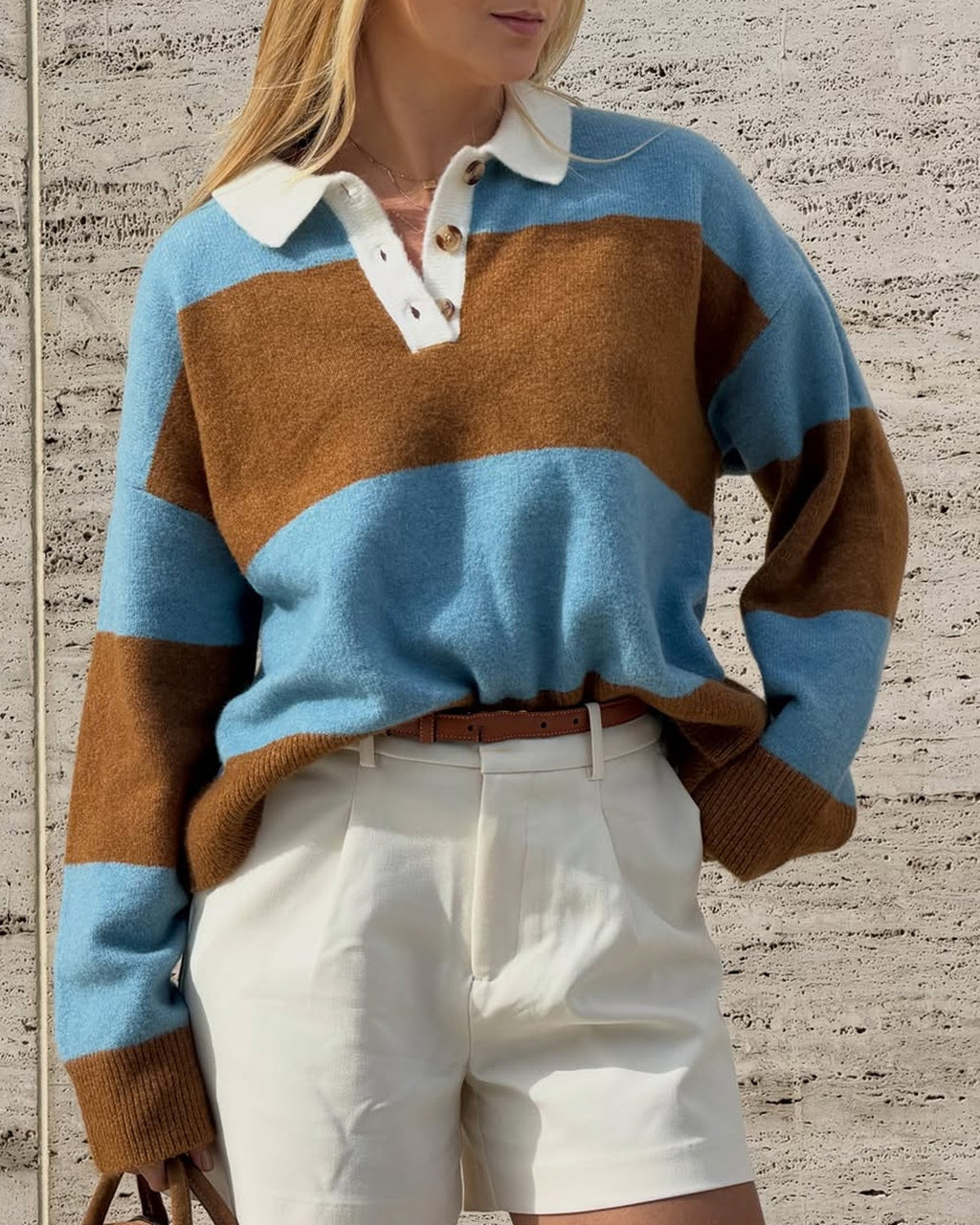 Rugby Stripe Knit Sweater With Polo Collar - Color