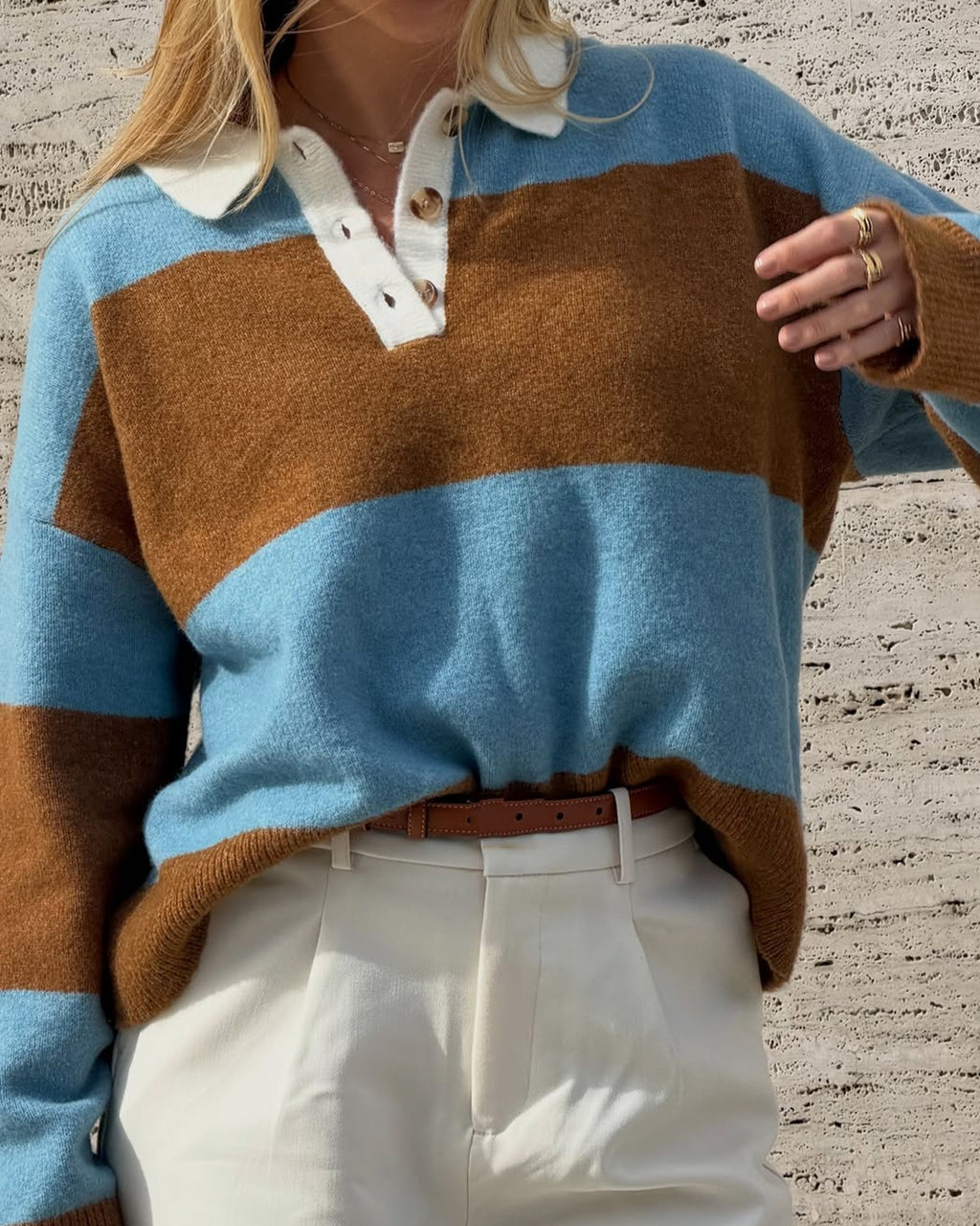 Rugby Stripe Knit Sweater With Polo Collar - Color - 1