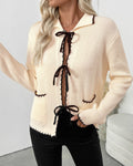 Collared Bow Front Picot Trim Cardigan - Apricot