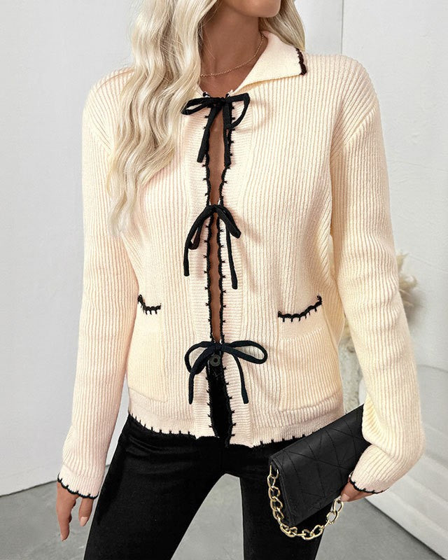 Collared Bow Front Picot Trim Cardigan - Apricot - 1