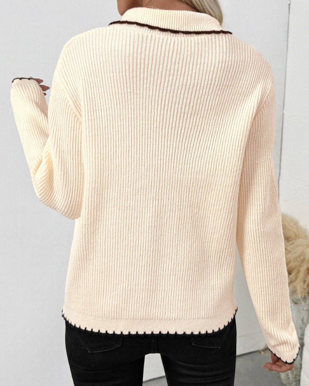 Collared Bow Front Picot Trim Cardigan - Apricot - 3