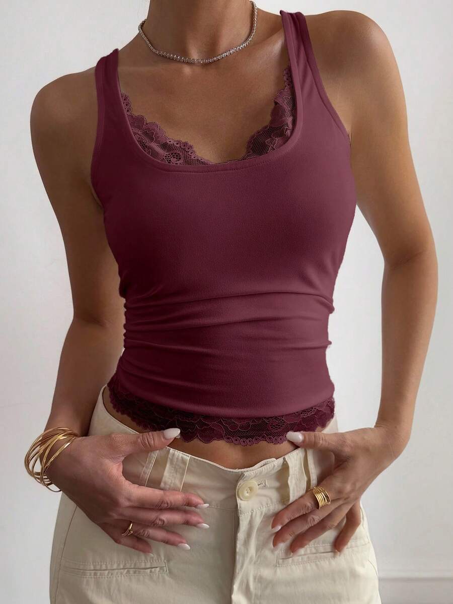 Lace Trim Ribbed Fitted Tank Top - WineRed