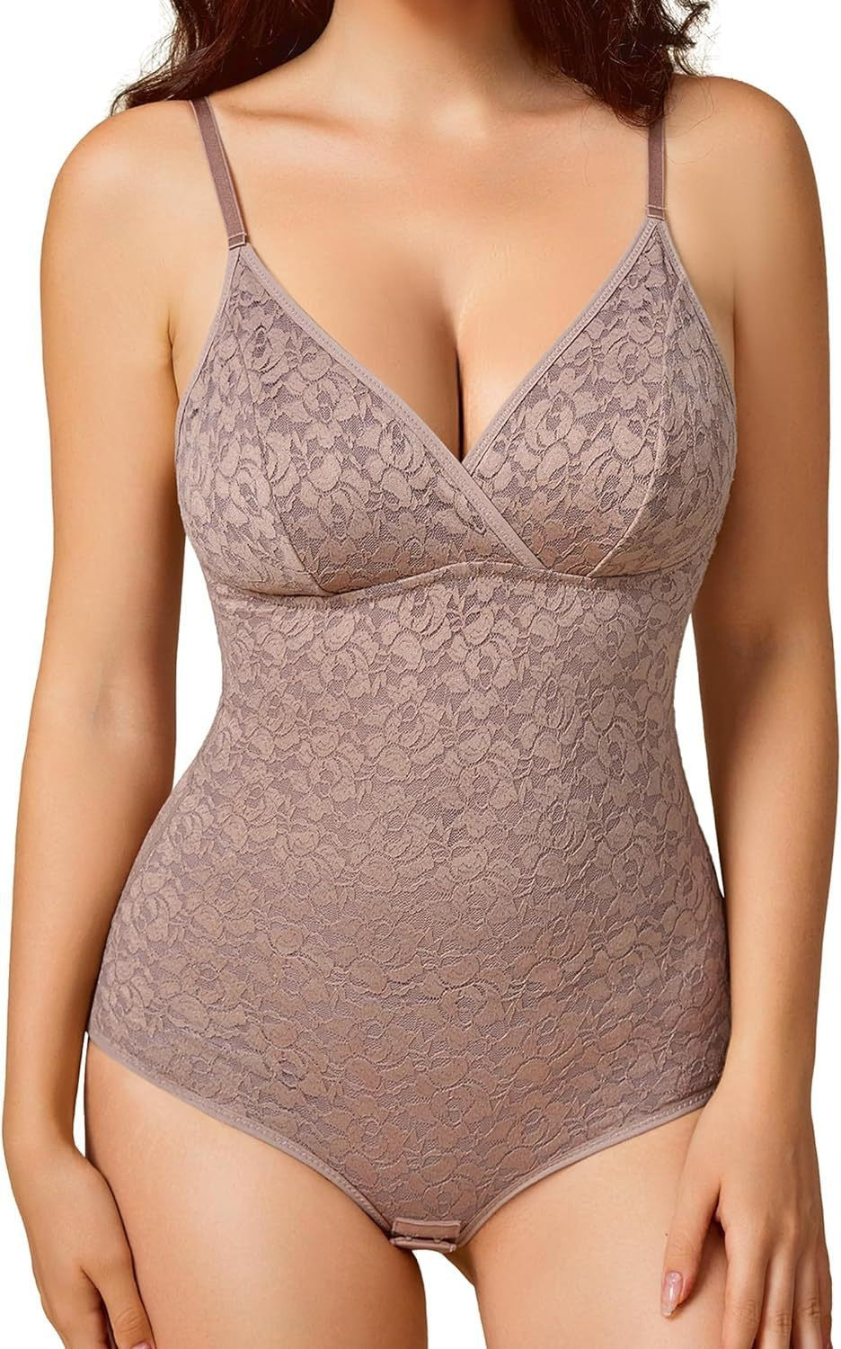 Floral Lace V-Neck Tummy Control Shaping Bodysuit - Mocha
