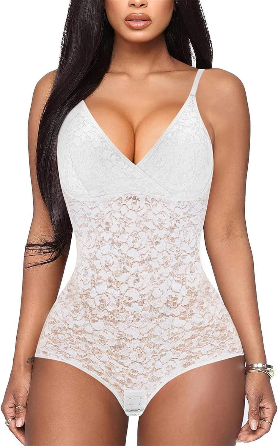 Floral Lace V-Neck Tummy Control Shaping Bodysuit