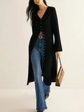 Longline Button Front Ribbed Duster Cardigan - Black