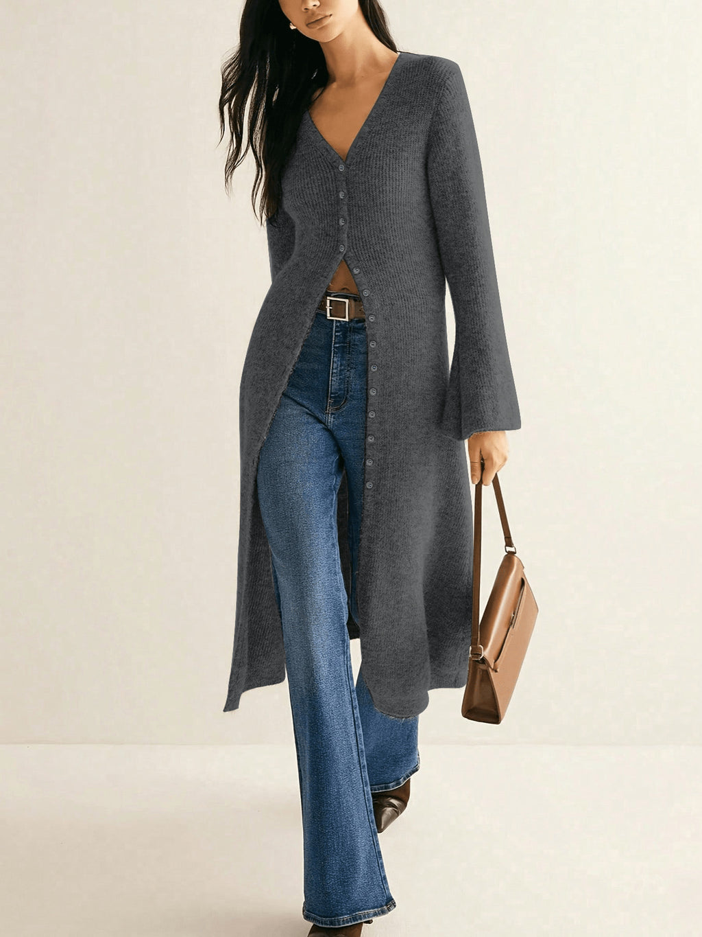 Longline Button Front Ribbed Duster Cardigan - Grey