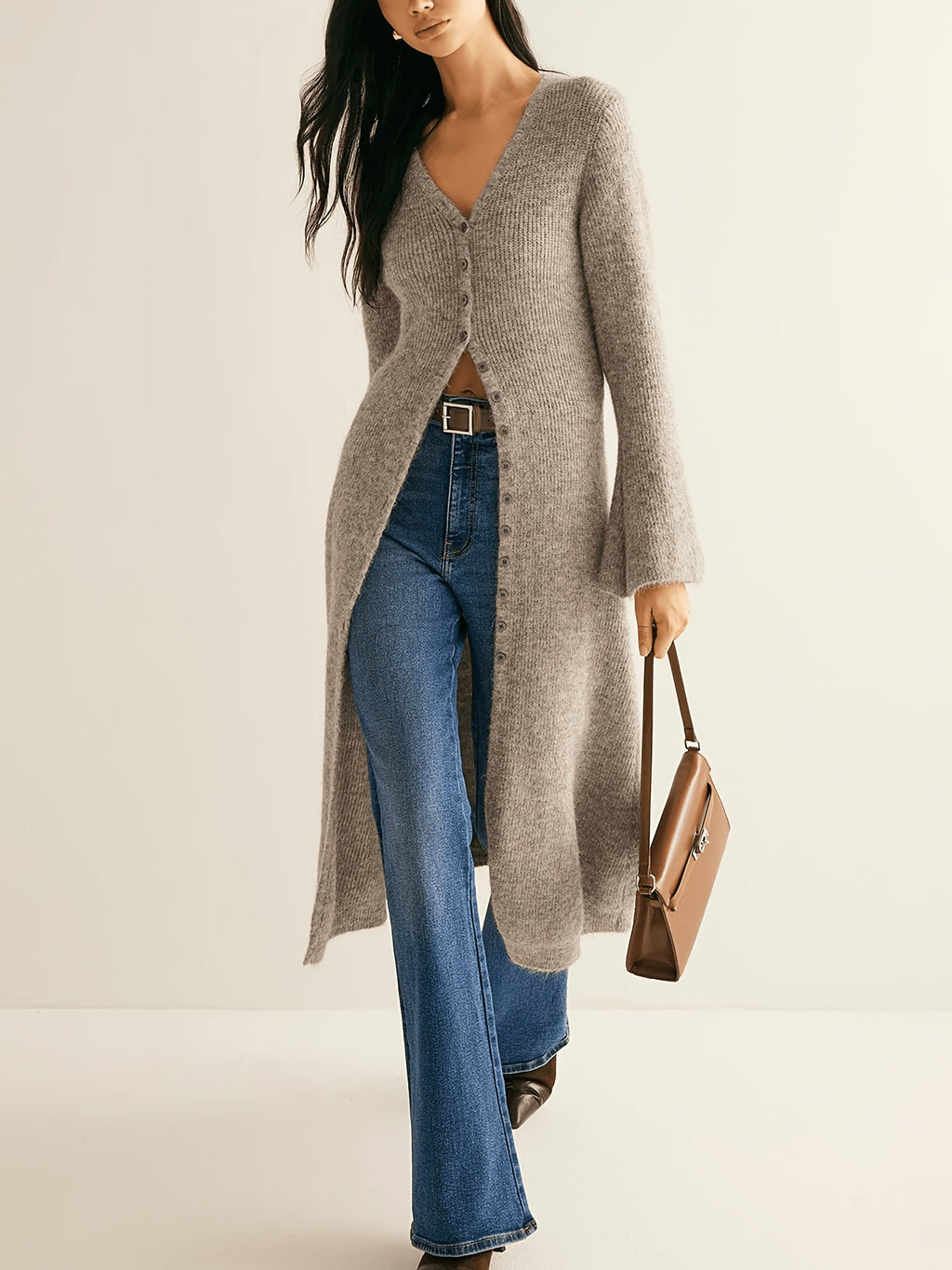 Longline Button Front Ribbed Duster Cardigan - Khaki